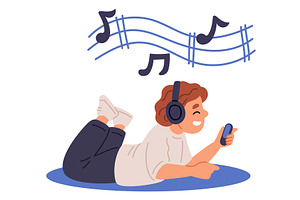 Little boy wearing headphones, a Technology Illustration by Vectorbuum