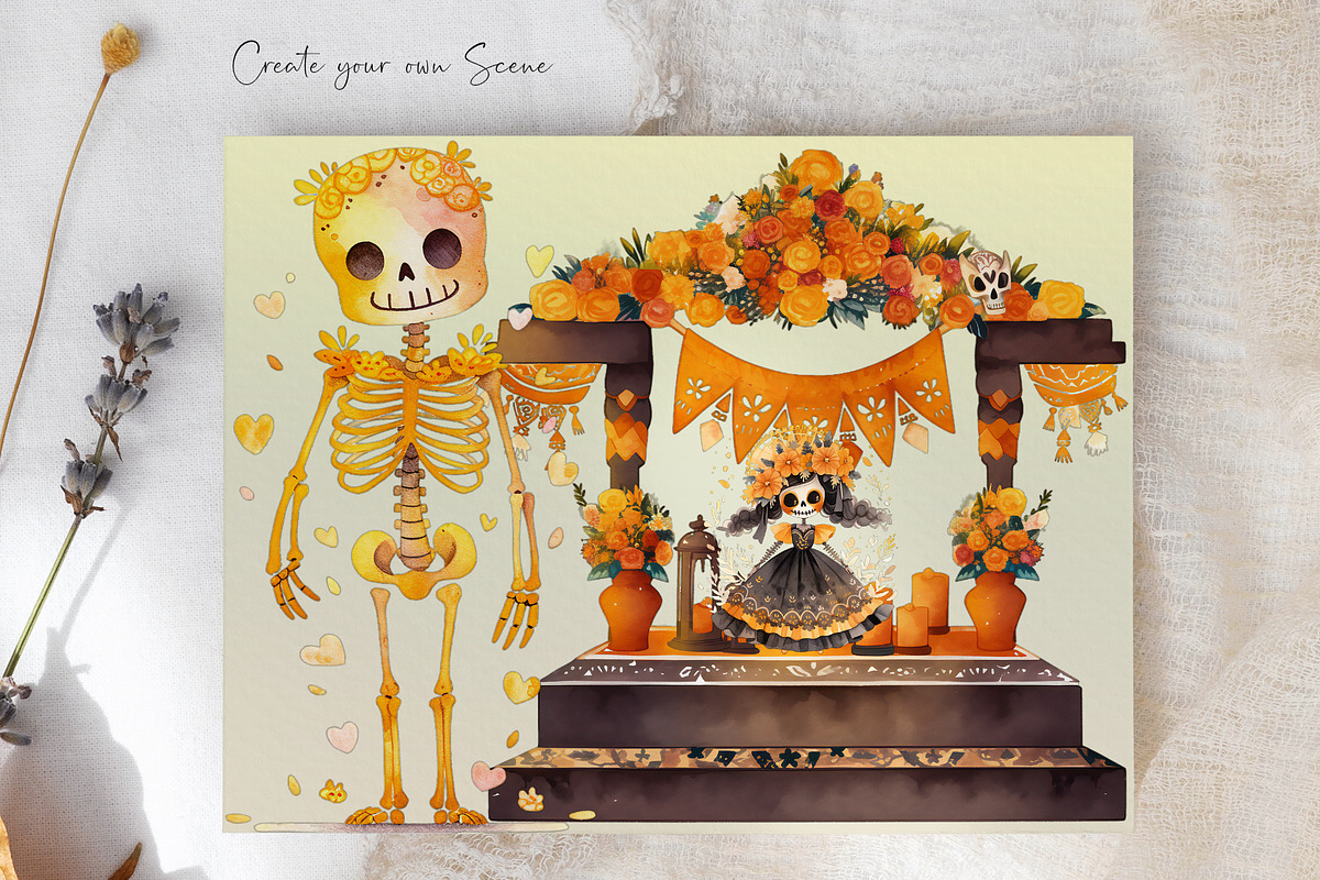 Watercolor Diá de Muertos Set, a Seasonal Illustration by Dazzling Art Boutique (Photo 8 of 9)