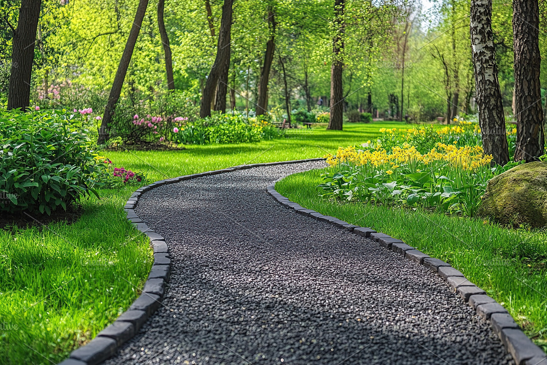 Path with green grass, trees and sun rays in the park, a Nature Photo by AlyaAnd