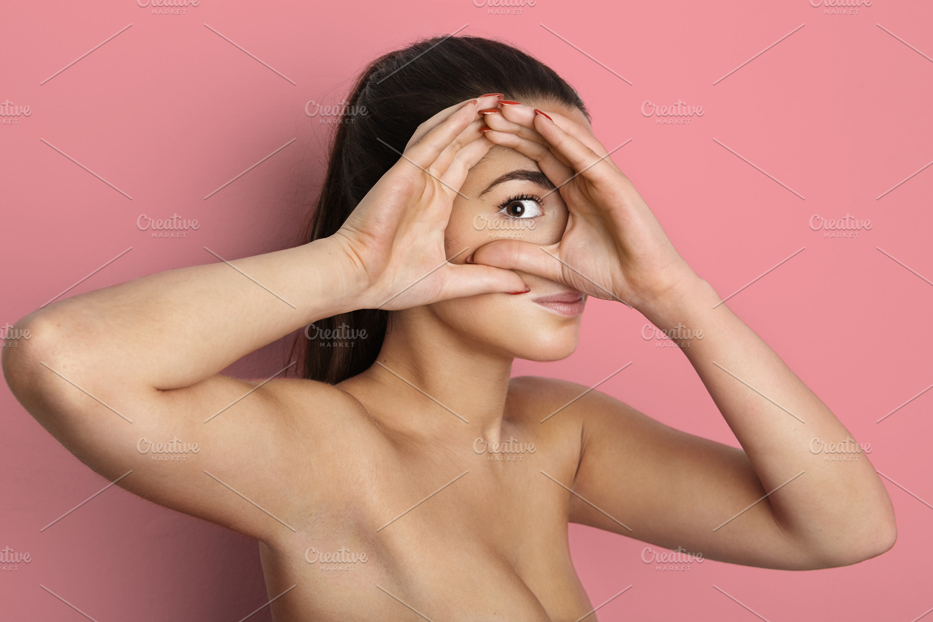 Portrait of beautiful young female containing face, brunette, and hand, a Person Photo by Klever Level Studio