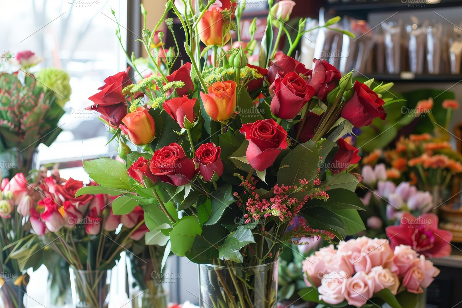 A stunning arrangement features lush, a Photo by Tanuart