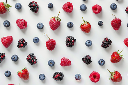 Pattern of ripe different berries on white background, a Food & Drink Photo by AlyaAnd