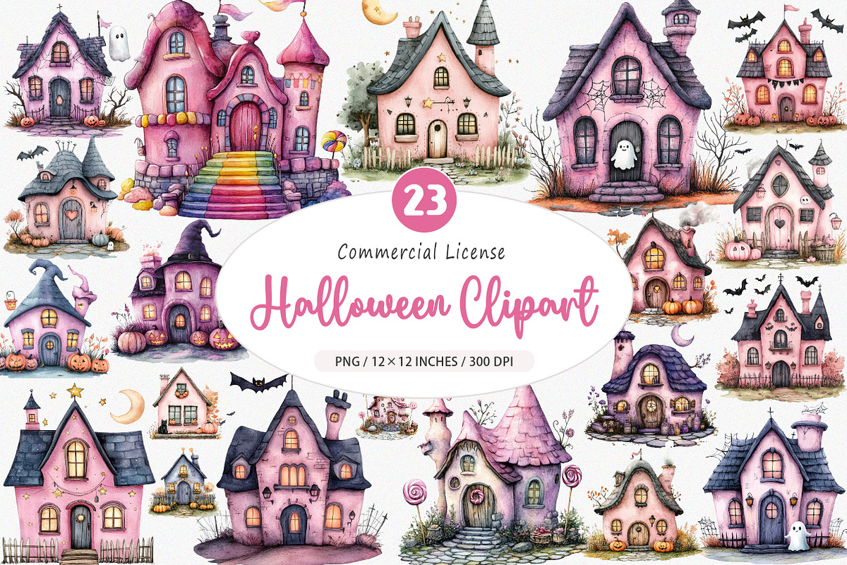 Watercolor Cute Pink Witch House PNG, an Illustration by SinaCreation (Photo 1 of 5)