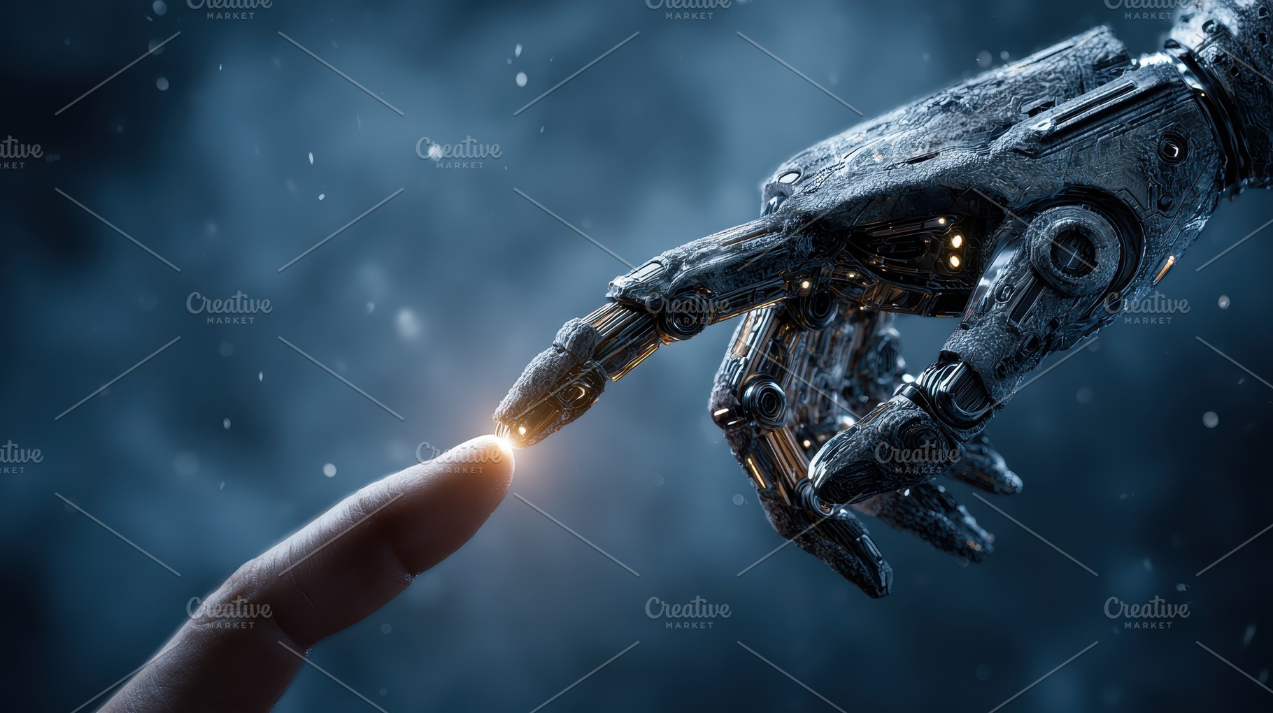 Robotic hand touches human finger fu, a Photo by Pixeness Studio