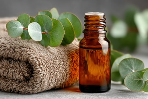 Amber glass essential oil bottle with eucalyptus leaves and soft, an Animal Photo by José Manuel Gelpi