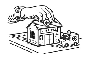 Hand Placing Toy Hospital with, a Healthcare Illustration by AlexArt