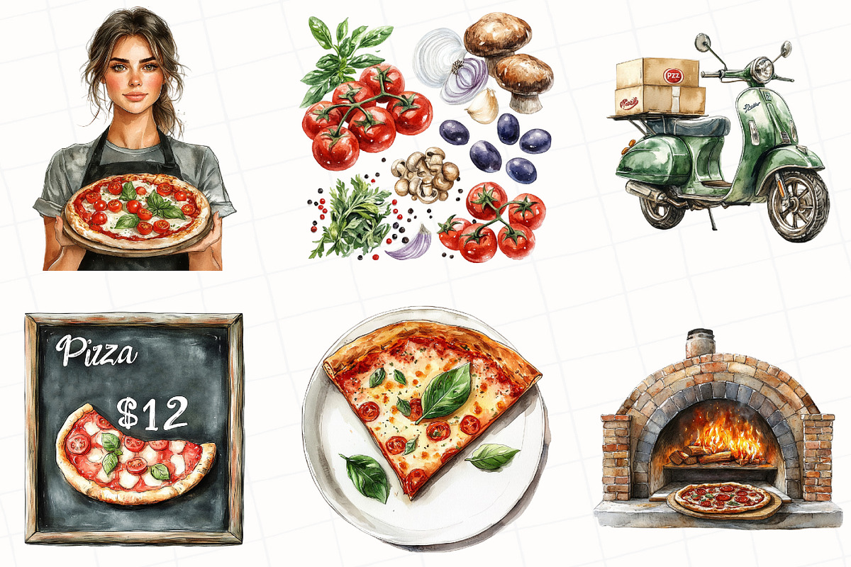 Watercolor Pizzeria Clipart, an Illustration by OK Design (Photo 4 of 5)