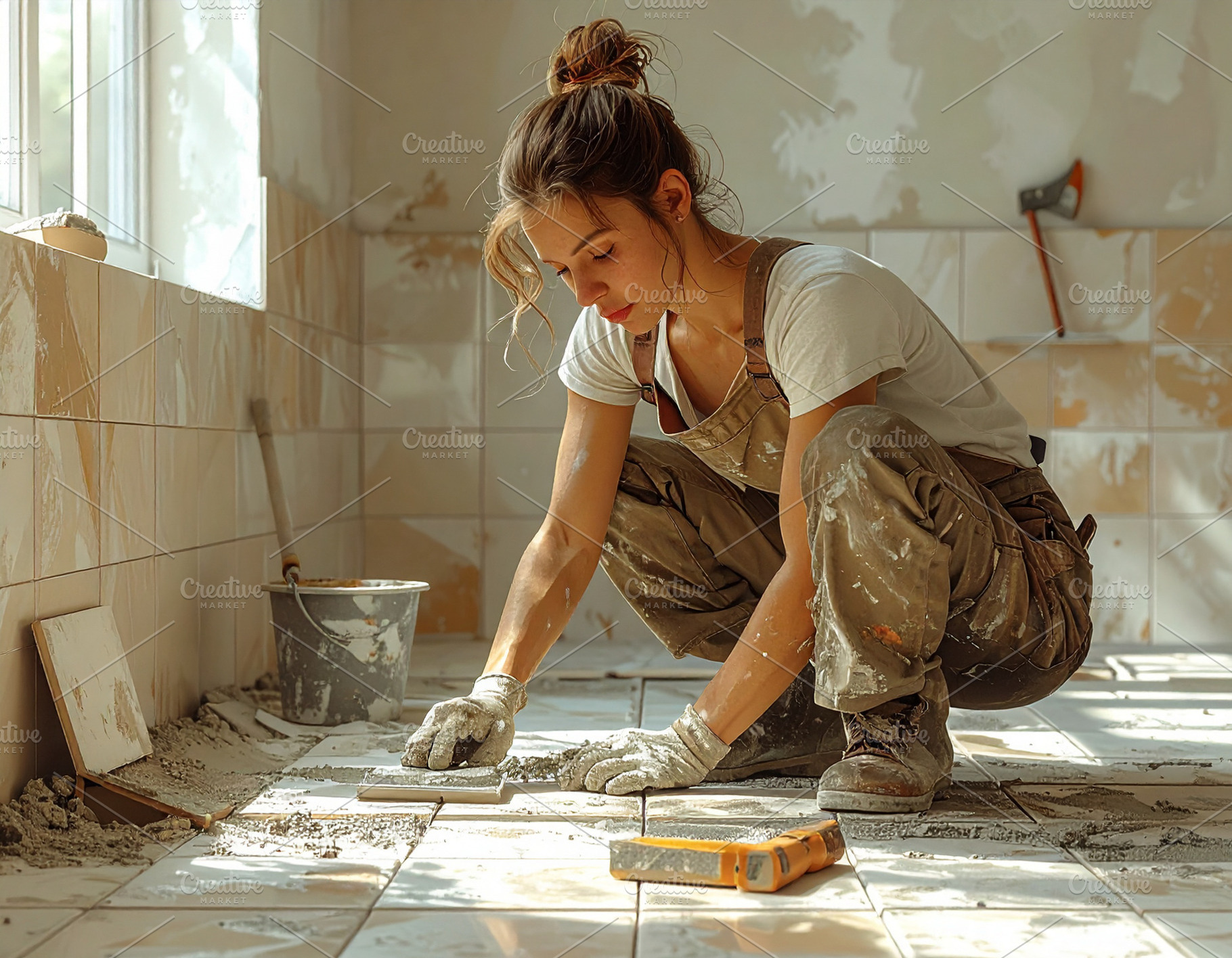 Woman tile mason working inside a modern home, a Person Photo by DanFLCreativo