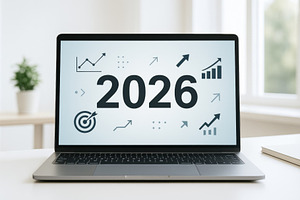 Laptop displaying 2026 with business, a Photo by Dvoevnore photos