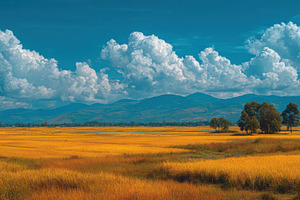 Golden rice fields under a vibrant s, a Photo by Pixeness Studio