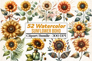 Sunflower Boho Clipart, an Illustration by DreamCafeArt