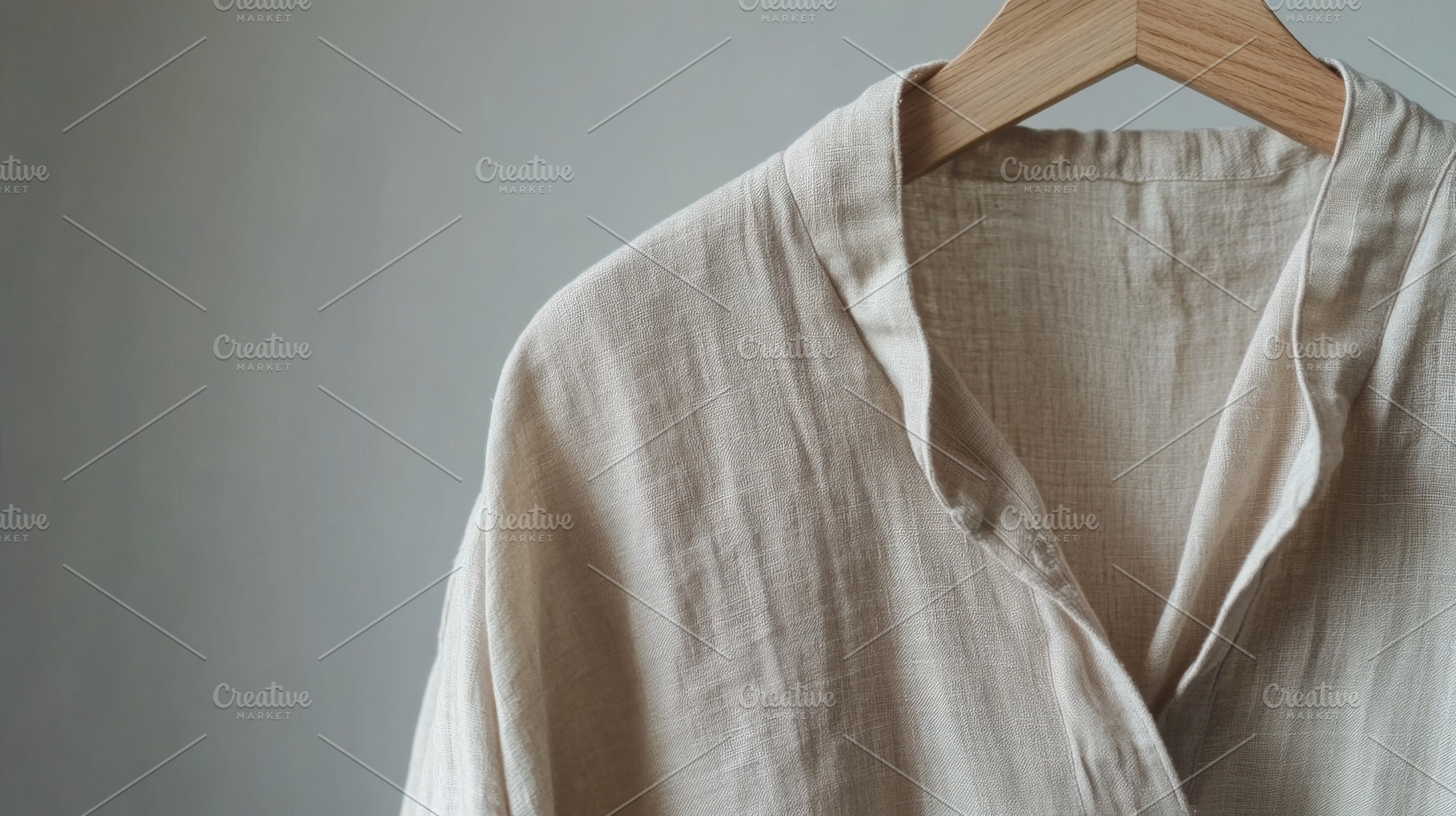 Elegant White Garments on Wooden Hangers Against Neutral Backgro, an Abstract Photo by Natalia Klenova's Shop