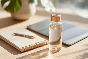 Organized work desk with a closed laptop, water bottle, and notepad in bright s, a Business Photo by AlyaAnd