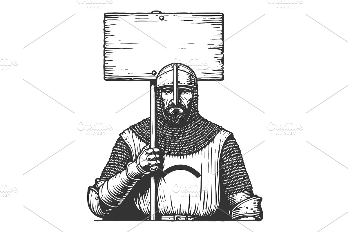 Medieval Knight Holding Blank Wooden, a Person Illustration by AlexArt