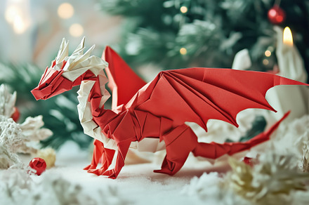 A beautifully crafted origami dragon in red and white, set against a soft, fest, an Arts & Entertainment Photo by Textures & Backgrounds