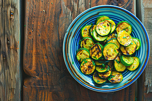 Grilled zucchini pieces in plate on wooden table, a Food & Drink Photo by AlyaAnd