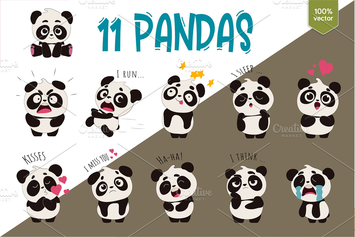 11 Cute Cartoon Pandas. T-Shirt, an Animal Illustration by KENO Mascots (Photo 3 of 3)