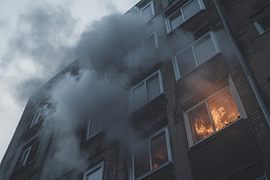 Apartments in high building with smoke and fire, an Architecture Photo by AlyaAnd