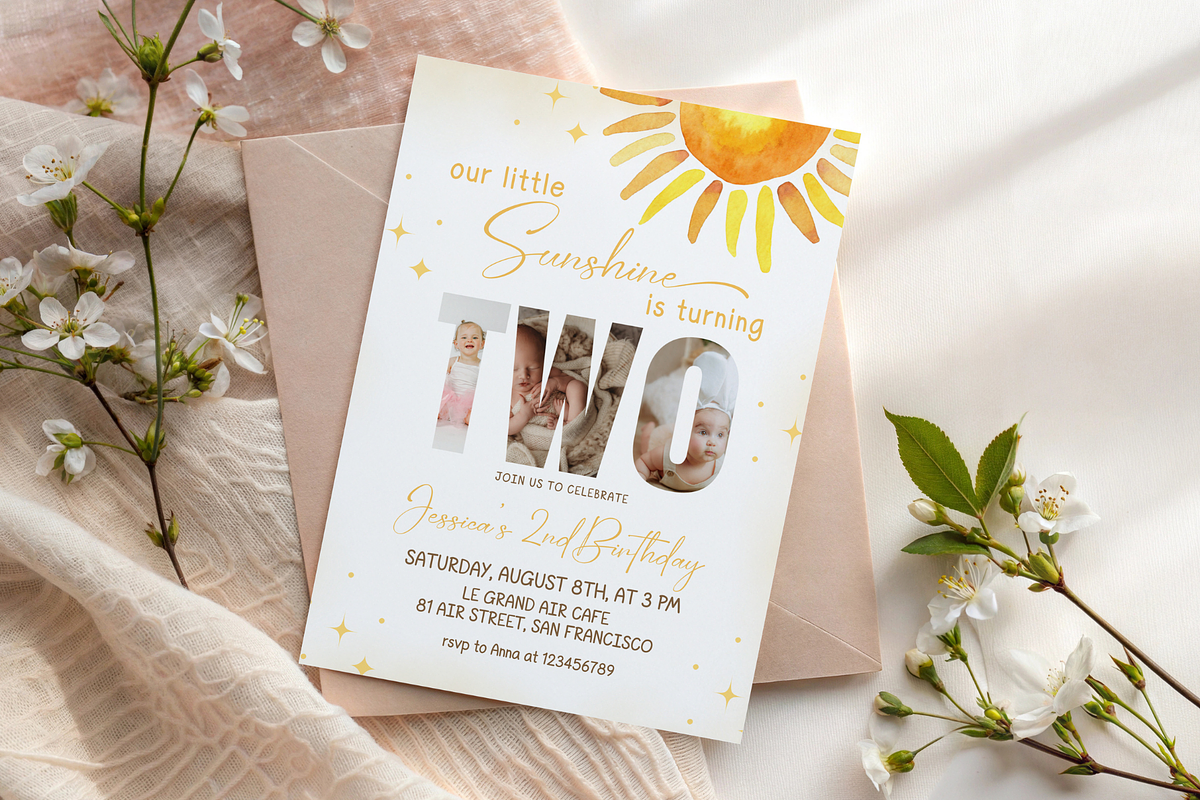 Sunshine Second Bday Photo Invite, a Templates & Theme by Digital_Mind (Photo 3 of 3)