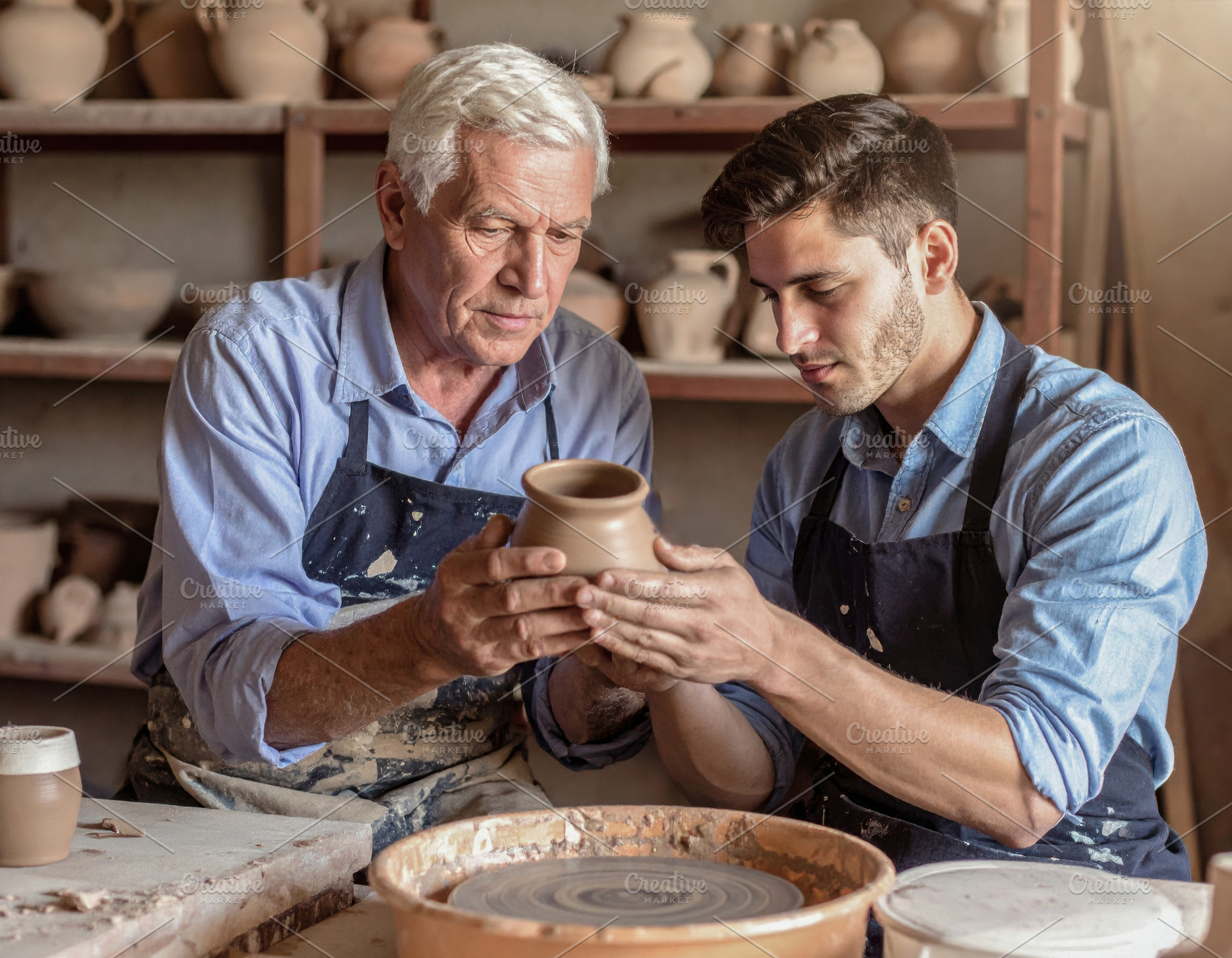 Senior Potter Teaching Young Apprentice in Studio, an Arts & Entertainment Photo by Davizro's Market