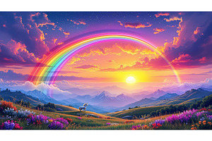 Unicorn Under a Rainbow in a Meadow, a Decorative Illustration by Sharon Schwalbe