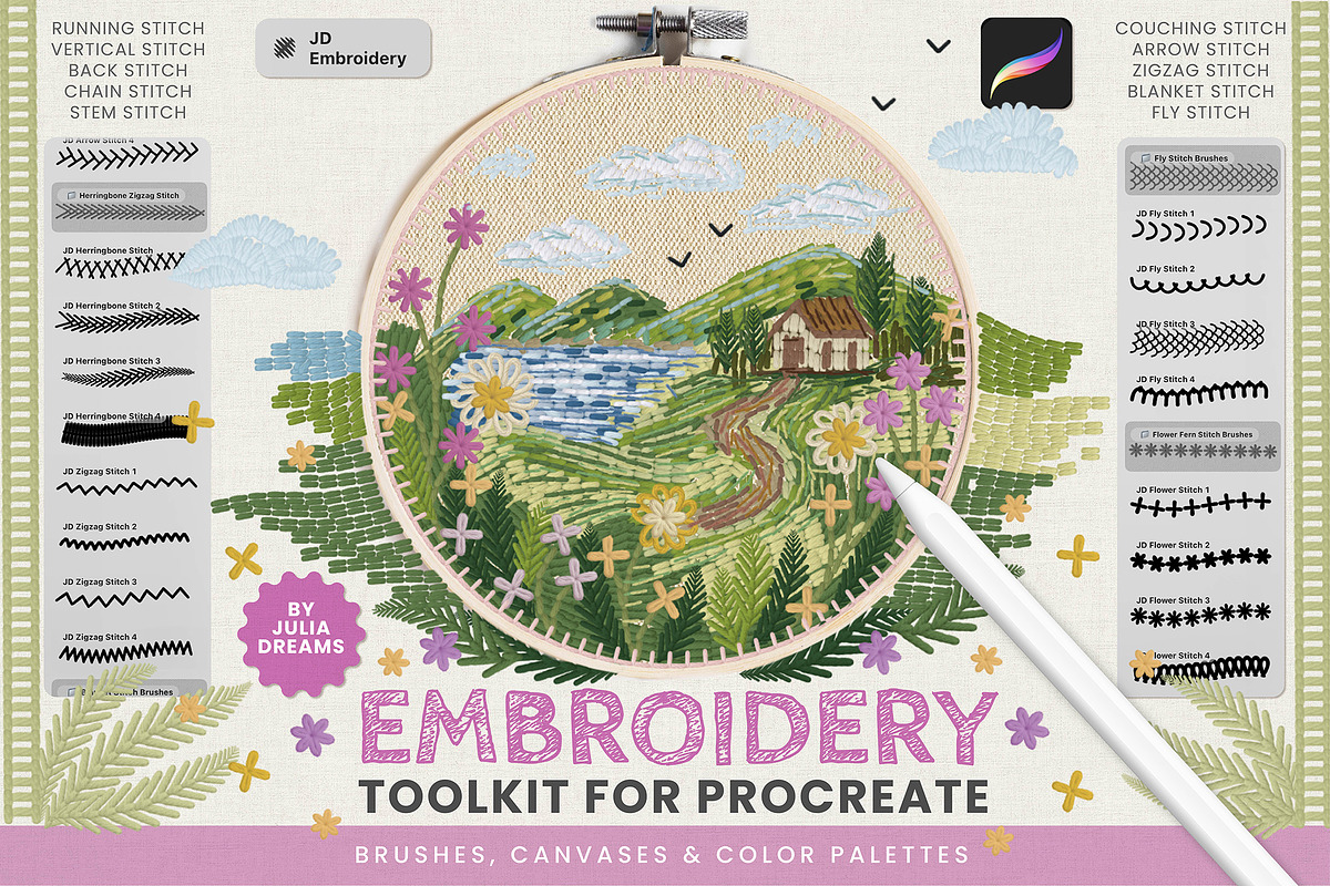 Embroidery Toolkit Procreate Brushes, a Brush Add-On by Julia Dreams (Photo 1 of 9)