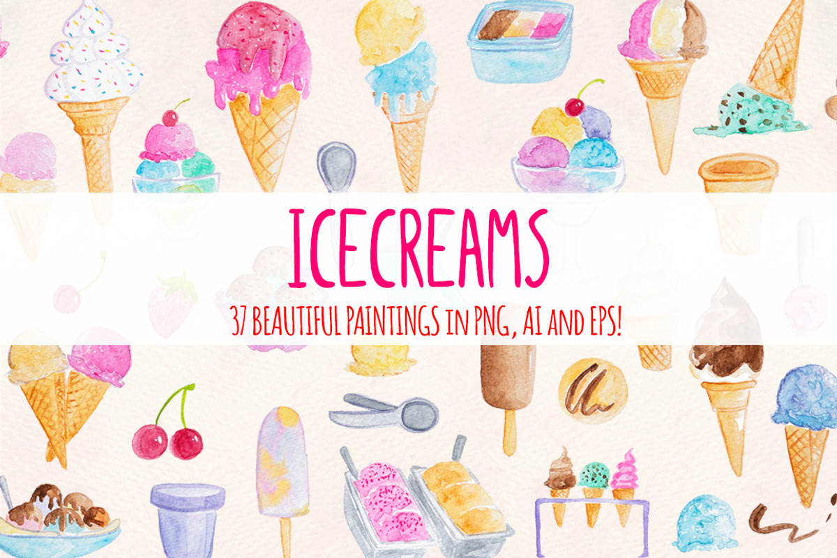 37 Icecreams Summer Watercolor Art, an Illustration by Violet LeBeaux (Photo 1 of 3)