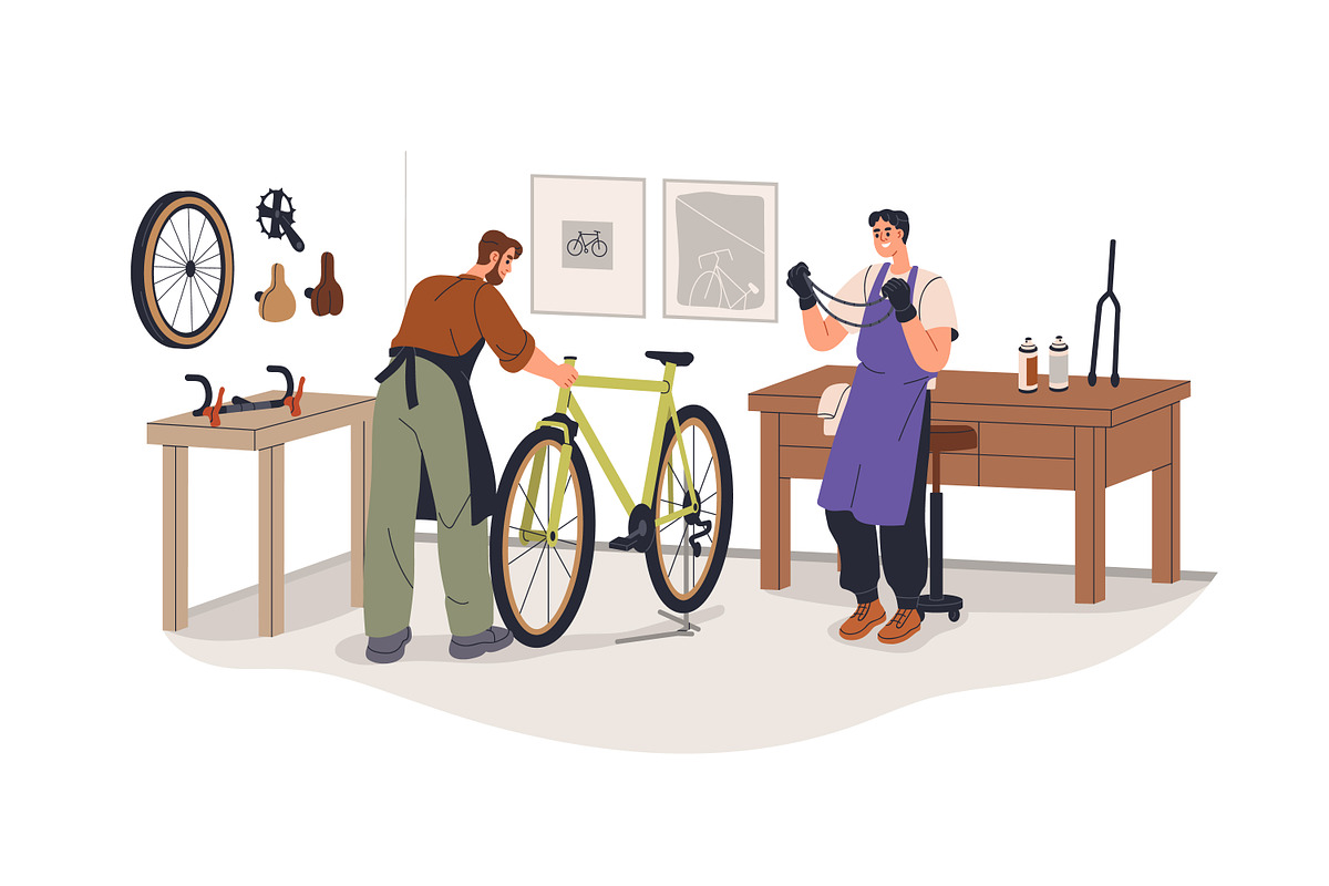Bicycle repair service. Bike fixing, a Transportation Illustration by Good Studio (Photo 5 of 5)