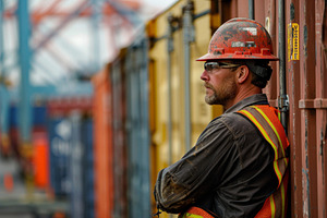 The port worker gazes thoughtfully w, a Photo by Tanuart