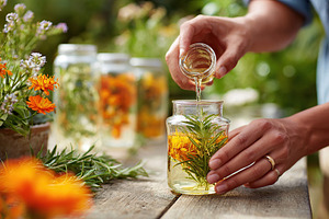 Homemade herbal infusion preparation in a sunny garden setting with fresh ingre, a Photo by AlyaAnd
