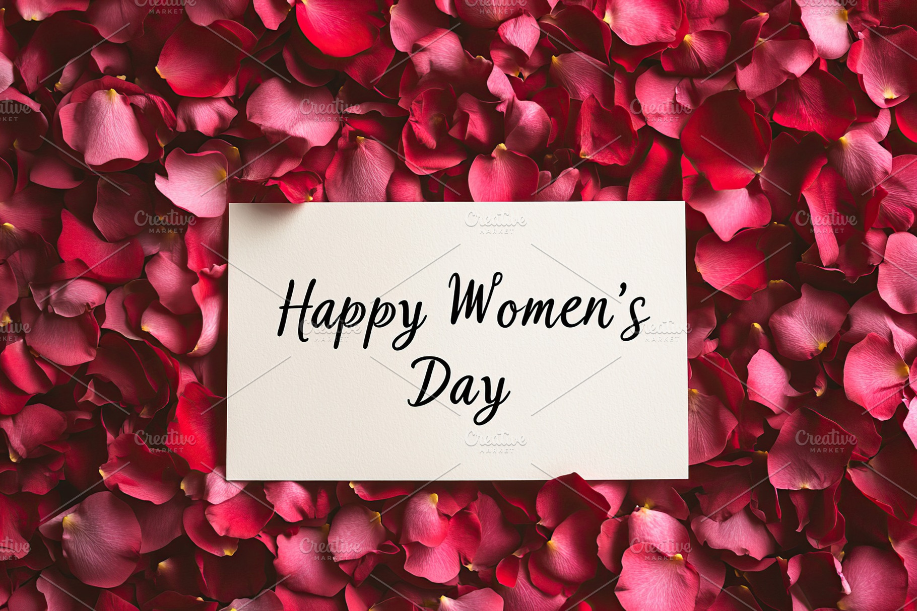 Greeting card with text Happy Women's Day and rose flowers petals, a Background Photo by AlyaAnd
