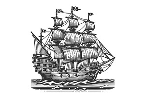 Pirate Ship Engraving Sketch Vector