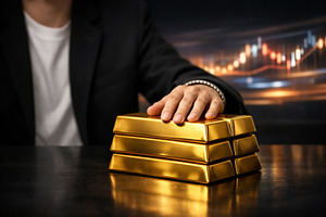 Gold bars stacked on table with busi, a Photo by Dvoevnore photos