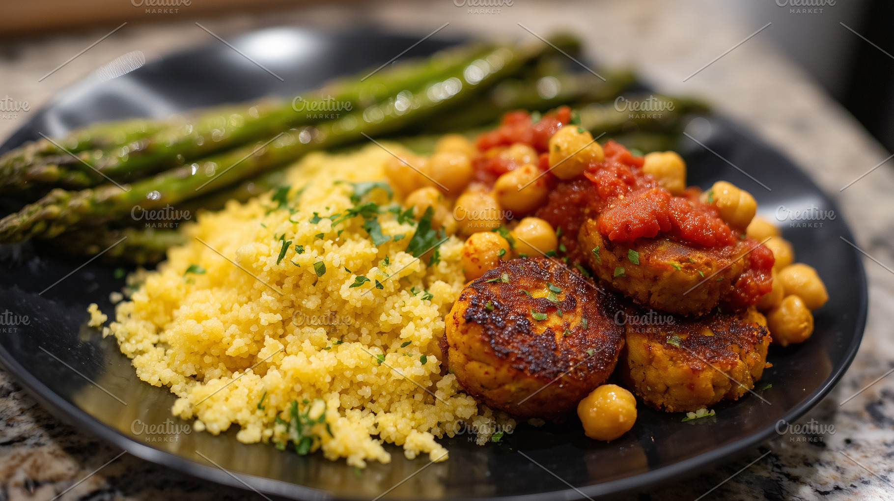Vegan dish with couscous, chickpea, a Food & Drink Photo by MistyDay