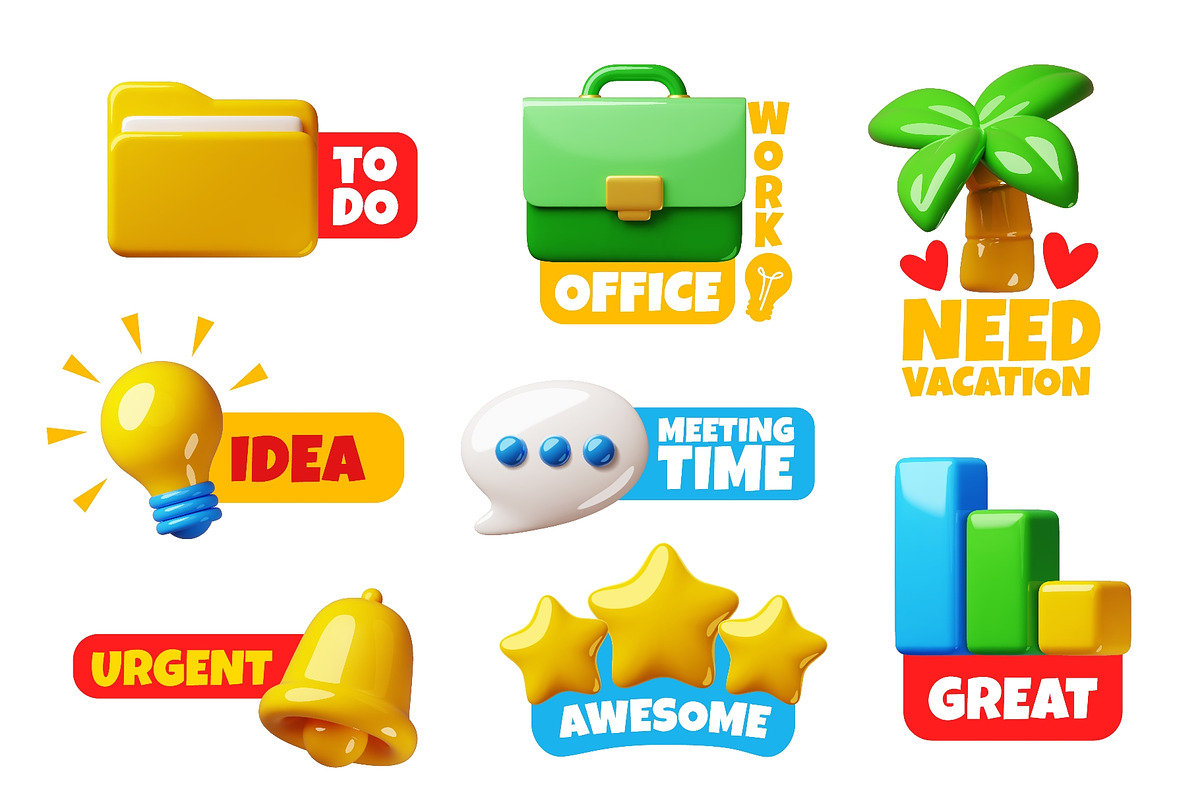 Labels with 3d elements. Office work, an Object Illustration by YummyBuum (Photo 3 of 3)