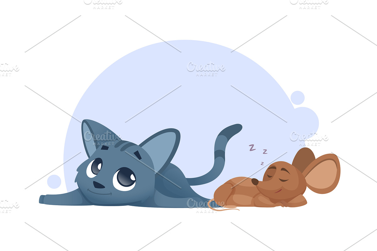 Cat and mouse. sleeping cute little, an Animal Illustration by Onyx