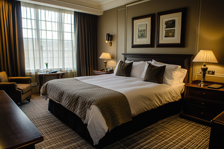 A cozy Contemporary interior design style hotel room featuring a large bed with, an Architecture Photo by Textures & Backgrounds