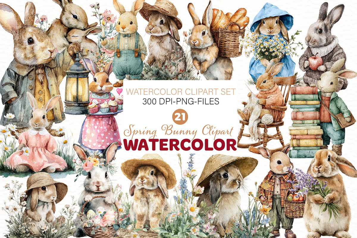 Watercolor Spring Bunny Clipart, an Illustration by Designworld (Photo 1 of 5)