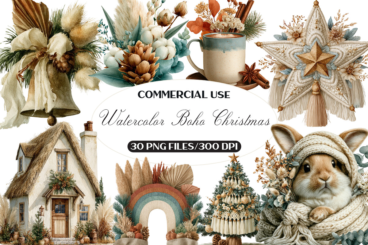 Watercolor Boho Christmas Clipart, a Seasonal Illustration by Black Bird Studio (Photo 1 of 7)