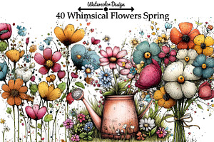 Whimsical Flowers Spring Clipart, an Illustration by Watercolor design