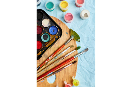 Flat lay of colorful paints, an Arts & Entertainment Photo by IlliaBondarPhotography