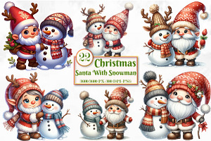 Christmas Santa With Snowman Clipart, a Seasonal Illustration by Craft Nest