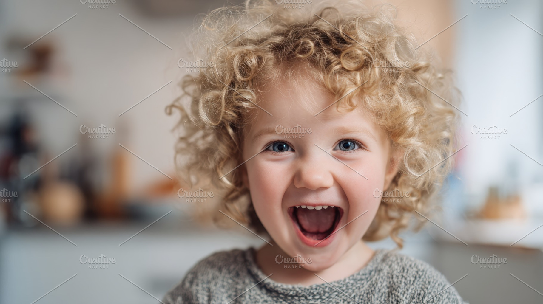 Child with curly hair smiles widely, a Photo by Beautiful things