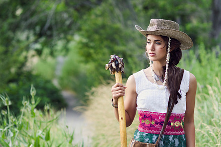 Beautif girl walking mountain trail