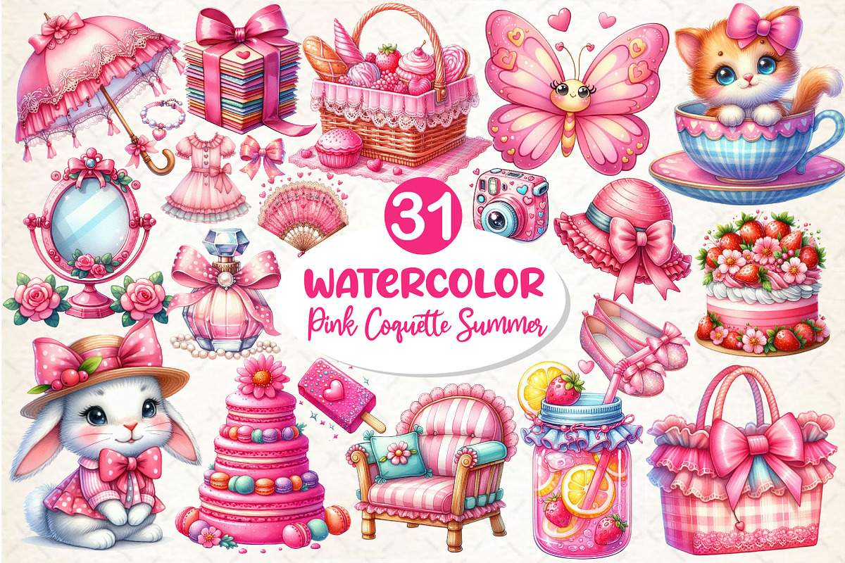 Pink Coquette Hello Summer Clipart, an Illustration by Dream Creation (Photo 1 of 4)