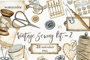 Watercolor vintage sewing PNG.