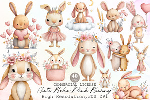 Cute Boho Pink Bunny Clipart, an Illustration by Sublimation Artist