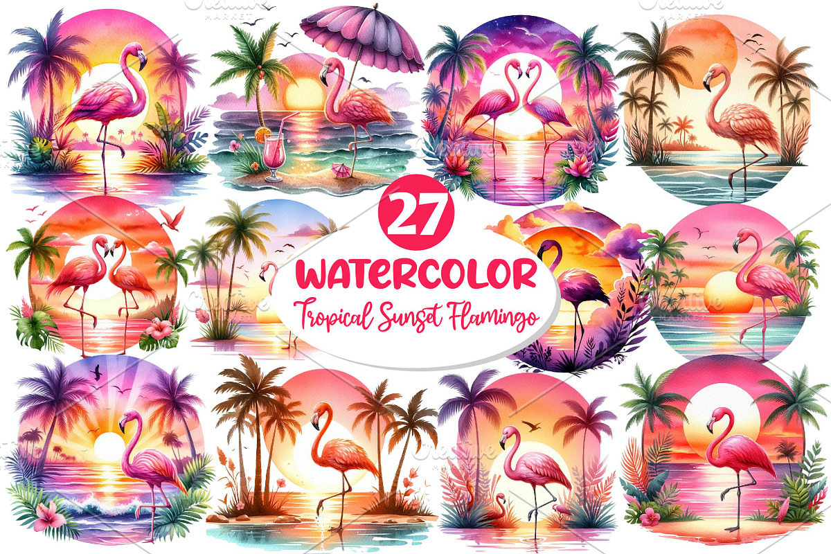 Tropical Sunset Flamingo Clipart, an Illustration by Dream Creation (Photo 1 of 6)