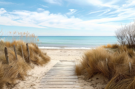A wooden boardwalk leads visitors fr, a Photo by Tanuart