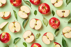 Pattern of fresh apple pieces on green background, a Food & Drink Photo by AlyaAnd
